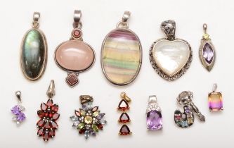 Ten silver gem set pendants to include labradorite, 33mm, 68gm, together with a silver artist