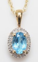 A 9ct gold topaz and eight cut diamond pendant, on 375 gold chain, 14mm, 1.3gm.