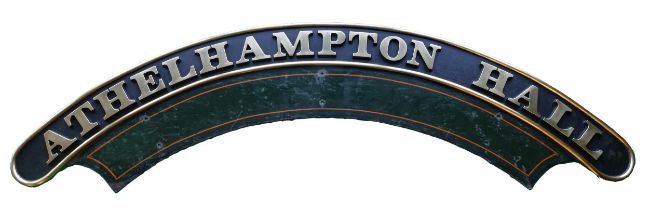 Athelhampton Hall, a brass/steel GWR steam locomotive nameplate, (B.R. Number 6971), 194cm.