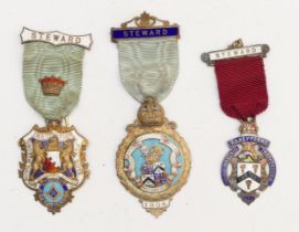 Three silver gilt and enamel Royal Masonic Institution jewels, 73gm