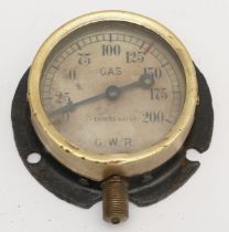 Brass cased vacuum pressure gauge - marked "GWR GAS" on face.