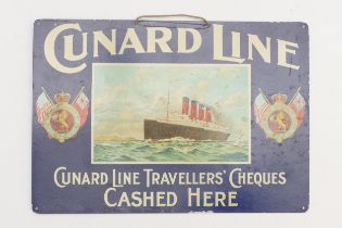 A vintage Cunard Line traveller's cheques cashed here, tin sign screen printed with Cunard Coat of