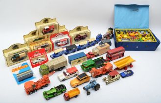 A collection of mid 20th century playworn diecast models, makers to include Matchbox, Corgi and