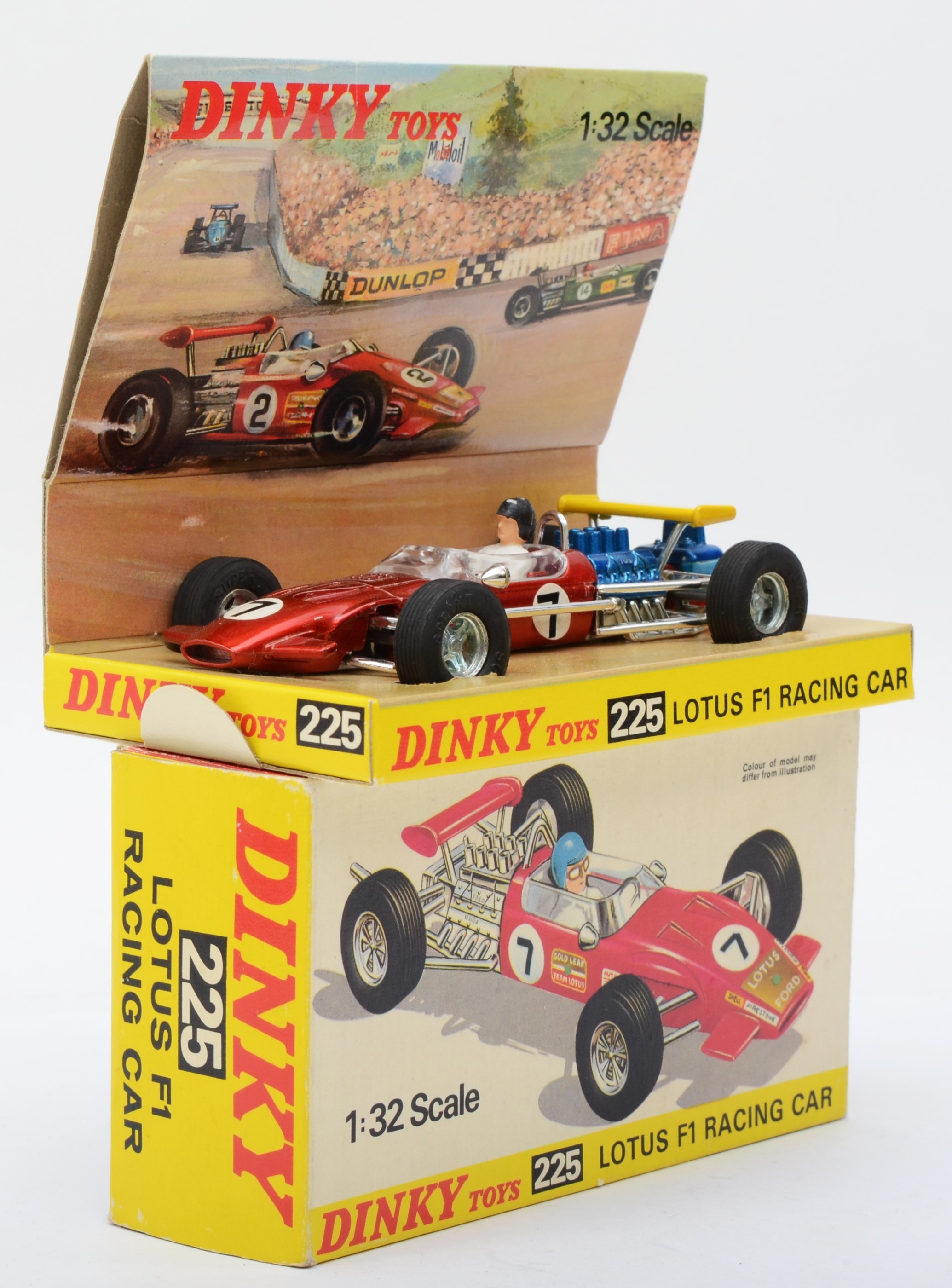 Dinky Toys - A boxed Dinky 225 Lotus F1 racing car, complete with original card display stand.