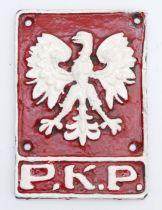 Polish State Railways metal locomotive plaque showing eagle and "PKP" (Polskie Koleje Panstwowe).