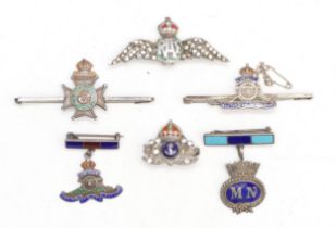 A group of six silver sweetheart brooches to include a Rhinestone RAF badge, and an enamel Navy