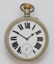 Midland & Great Northern Railway nickel plated open face key less wind pocket watch, Swiss made