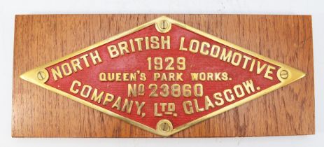 Brass diamond replica locomotive makers plate. N.B.L. Co. Queens Park Works, Glasgow. 1929. No.