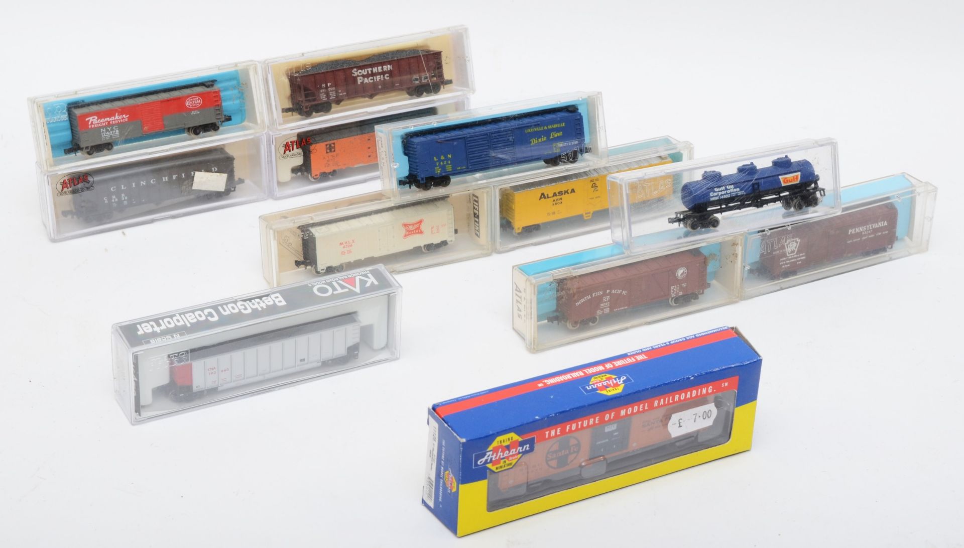 N Gauge Model Railway group comprising of twelve goods wagons and freight stock by Atlas, Kato and