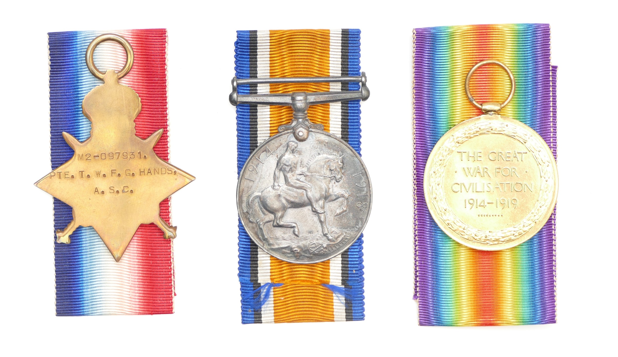 WW1 trio, 1914-1915 Star, War and Victory, Awarded to Pte T. W. F. G. Hands, A. S. C. M2-097931, - Image 2 of 4