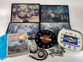 A 20th century Harley Davidson motorbike glass circular wall clock, together with a Sunoco Racing