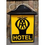 An AA 2 Star Hotel plastic and metal hanging lamp, recently rewired with LED bulb, 90 x 58 x 31cm