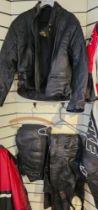 An Akito Mercury Plus leather jacket, size 50 and two pairs of leather trousers