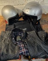 A Cromwell helmet with bag, a vintage helmet and a wax gillette, size M