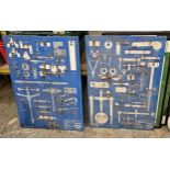 An Austin Rover metal Maestro wall tool display board and a another for an O series engine.