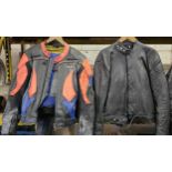 An unbranded leather jacket, size L, a pair of trousers and an Akita two piece leather suit