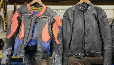 An unbranded leather jacket, size L, a pair of trousers and an Akita two piece leather suit