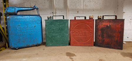 Two Pratts Motor Spirit two gallon petrol cans, with caps, an unmarked example and an Eversure can