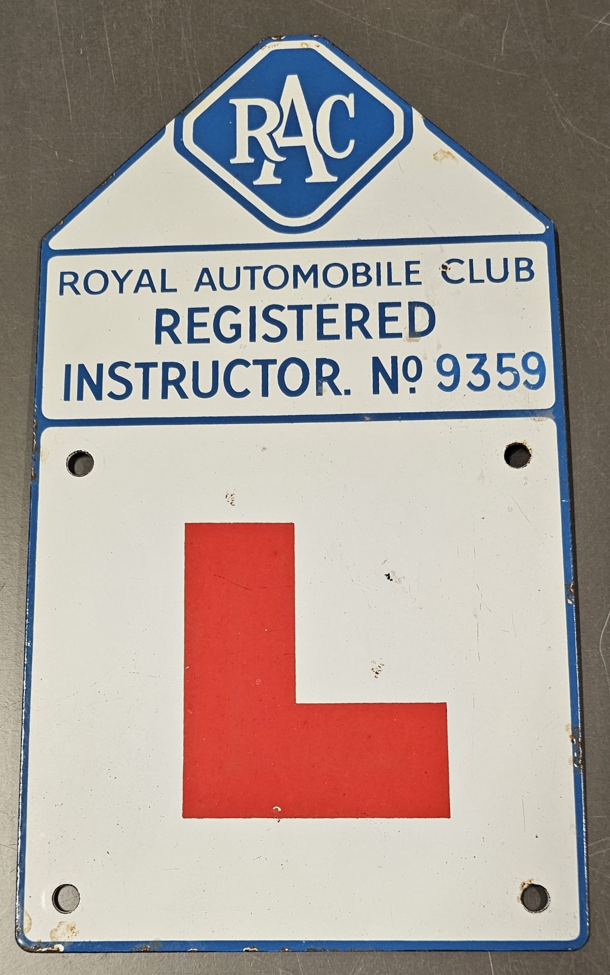 An RAC registered instructor No. 9359 vitreous enamel sign, 33.5 x 19cm