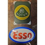 Lotus, a reproduction vitreous enamel advertising sign, 15 x 10cm and an Esso sign, 16 x 10cm