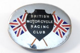 A British Motorcycle Racing Club chrome and enamel oval badge/plague, 7.5 x 5.5cm