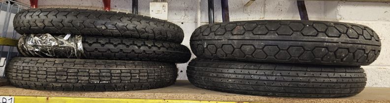 Five NOS motorcycle 18" tyres, Avon Roadrunner, Heidenau, Anlas, Vee Rubber and Metzeler