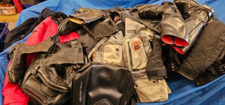 An unused Atlas Motoline motorcycle jacket, other jackets, a pair of Lewis Leathers boots, two other