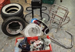 A collection of Lambretta parts to include a chrome wheel/luggage rack
