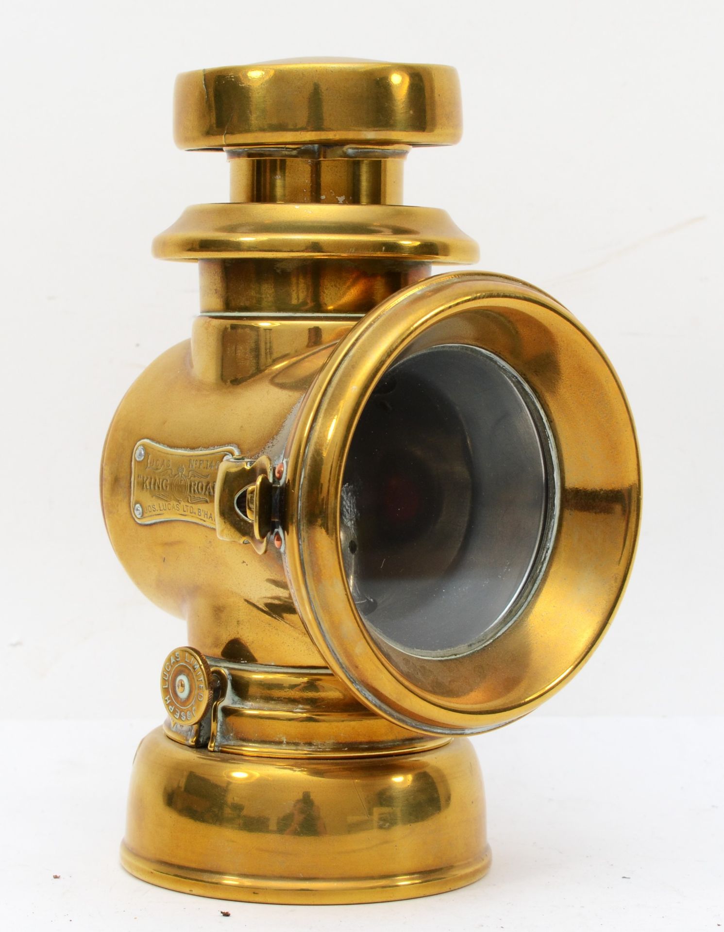 A brass era King of the Road by Lucas oil fired side lamp, No 146, 21cm.