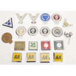 Four Pickering Traction Engine Rally grill badges, a Veteran Motorist 65 Year badge and other badges