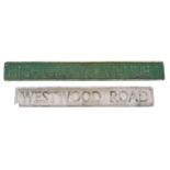 Two 1950's cast aluminium street signs, High Greave Street, 18 x 144cm, Westwood Road, 18 x 122cm.
