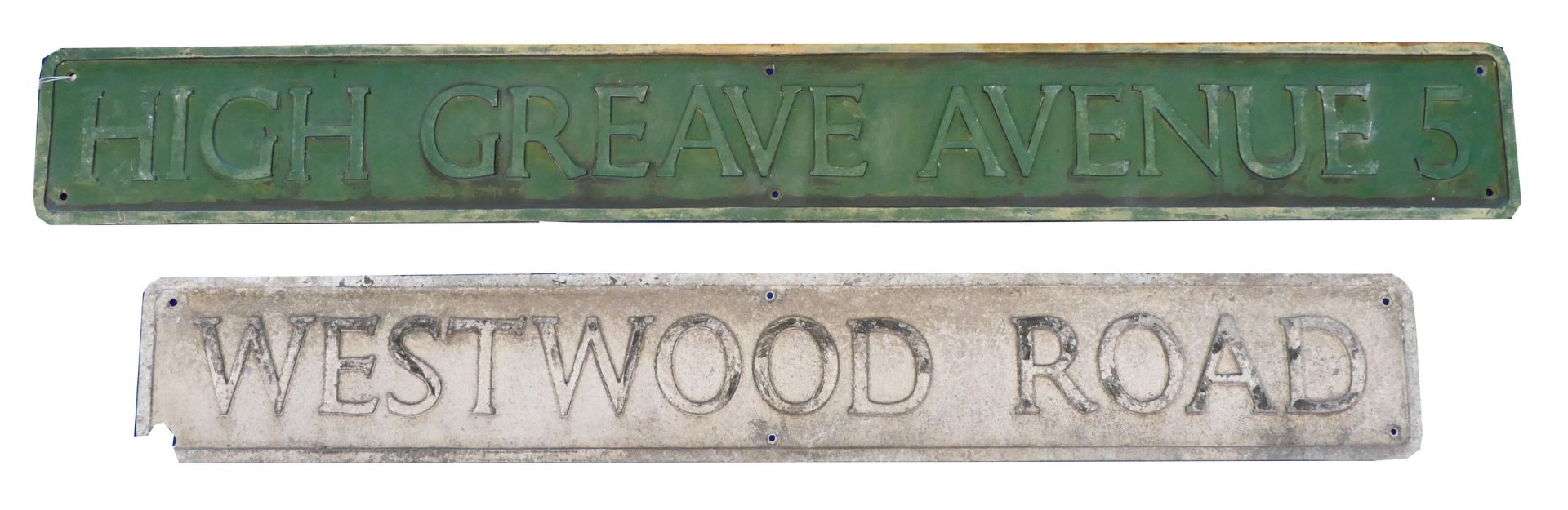 Two 1950's cast aluminium street signs, High Greave Street, 18 x 144cm, Westwood Road, 18 x 122cm.