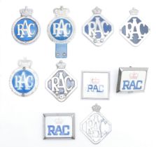 An RAC chrome and enamel grill badge, no CE 10724 and nine other RAC badges (10)