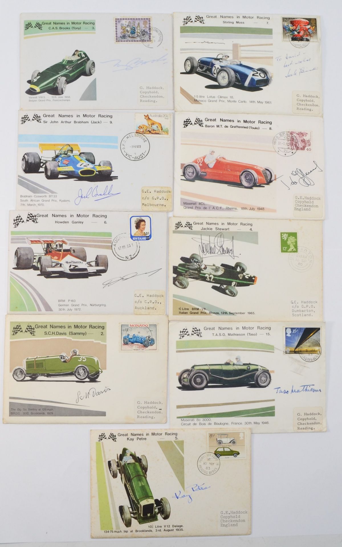 Nine Great Names in Motor Racing original signed first day covers, Taso Mathieson, Kay Petre, Jackie