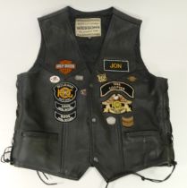 Harley Davidson '1066' Chapter, black leather waistcoat. HOG - Harley Owners Group badges, tours and