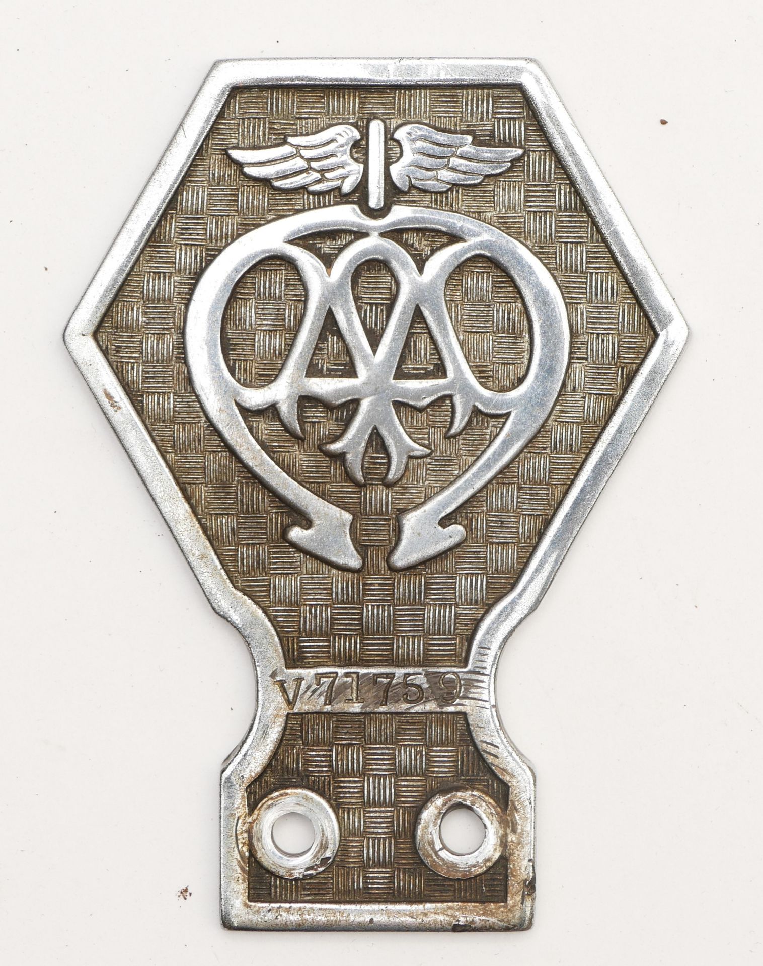 An AA chrome commercial vehicle badge, with basket weave background, V 71759, c.1930's.