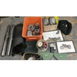 A collection of Moto Guzzi 750 spares, including a NOS starter motor, cylinder heads, cam covers and