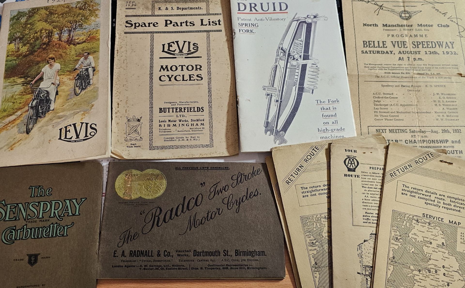 Levis 1924 brochure, 1930 parts list, Druid Spring Fork, Belle Vue Speedway 1932, The Senspray