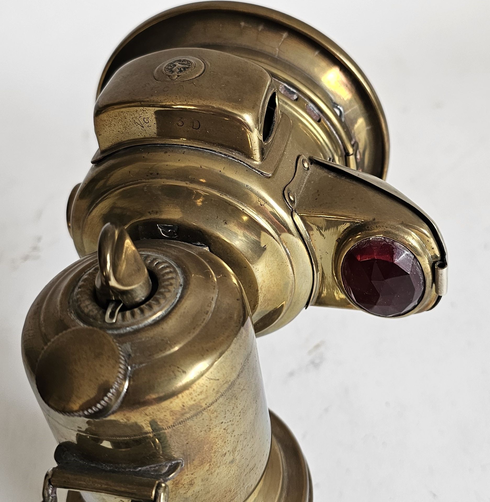 A rare Lucas Garda carbide brass car lamp with side rear red lens - Image 8 of 9