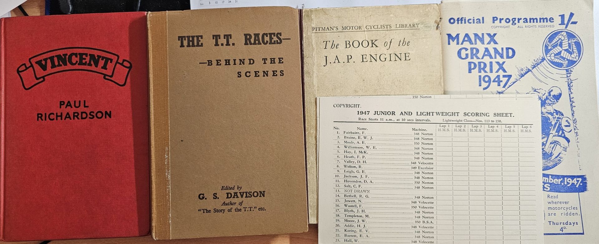 Vincent by Paul Richardson, The TT Races by Davison, Pitmans J.A.P. engine and Manx GP 1947