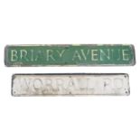 Two 1950's cast aluminium street signs, Briary Ave, 18 x 107cm, Worral Rd, 18 x 95cm.