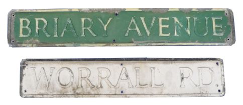 Two 1950's cast aluminium street signs, Briary Ave, 18 x 107cm, Worral Rd, 18 x 95cm.