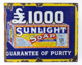 A £1000 Sunlight Soap Guarantee of Purity single sided vitreous enamel advertising sign, 48 x 38cm