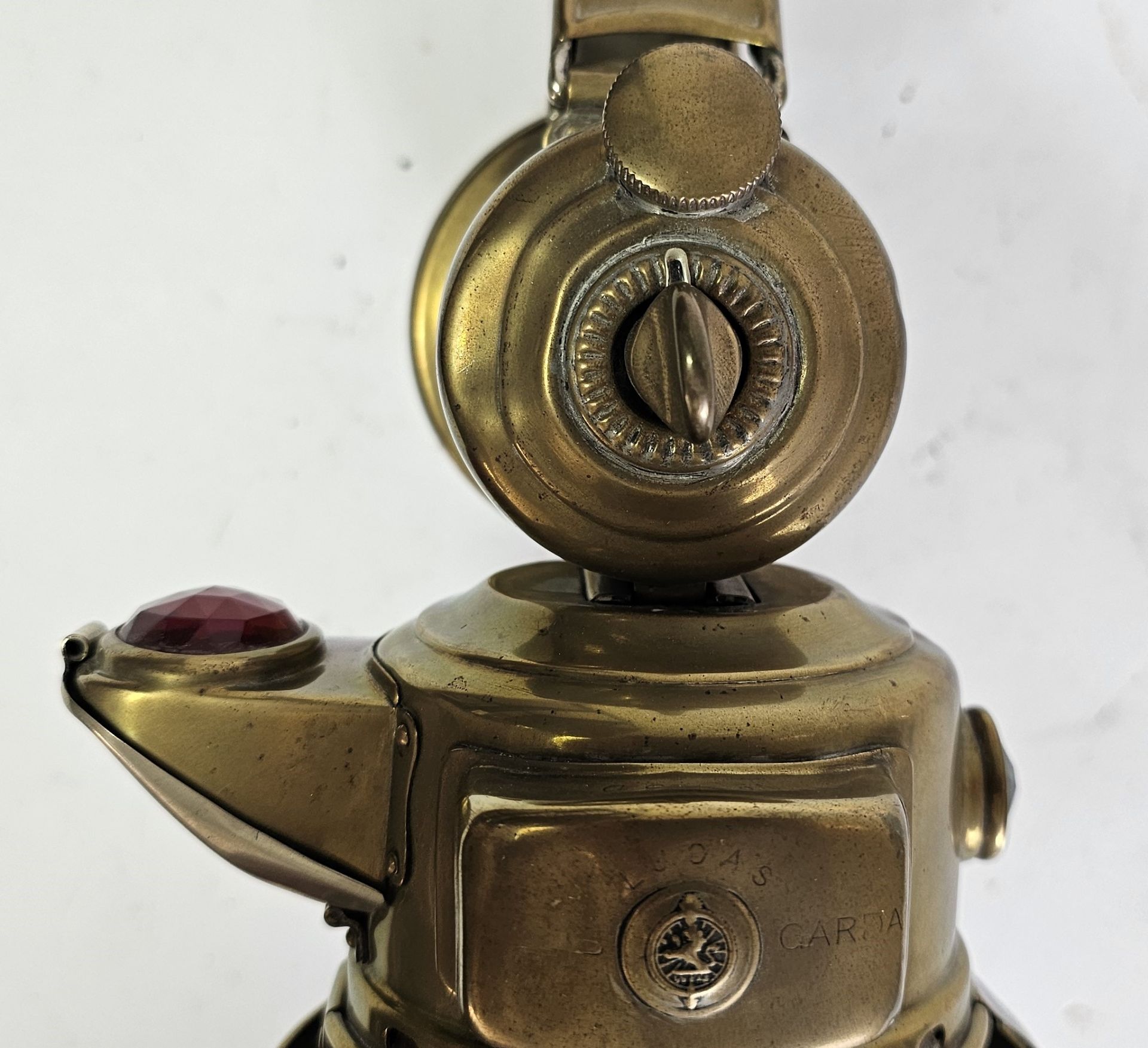 A rare Lucas Garda carbide brass car lamp with side rear red lens - Image 5 of 9