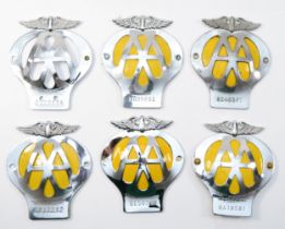 Six chrome and enamel AA car badges, post war