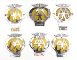 Six chrome and enamel AA car badges, post war