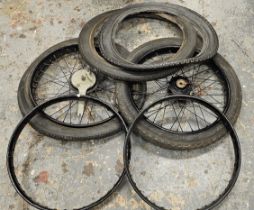 A vintage Scott front and rear bead edge wheels with tyres, two rims and two tyres