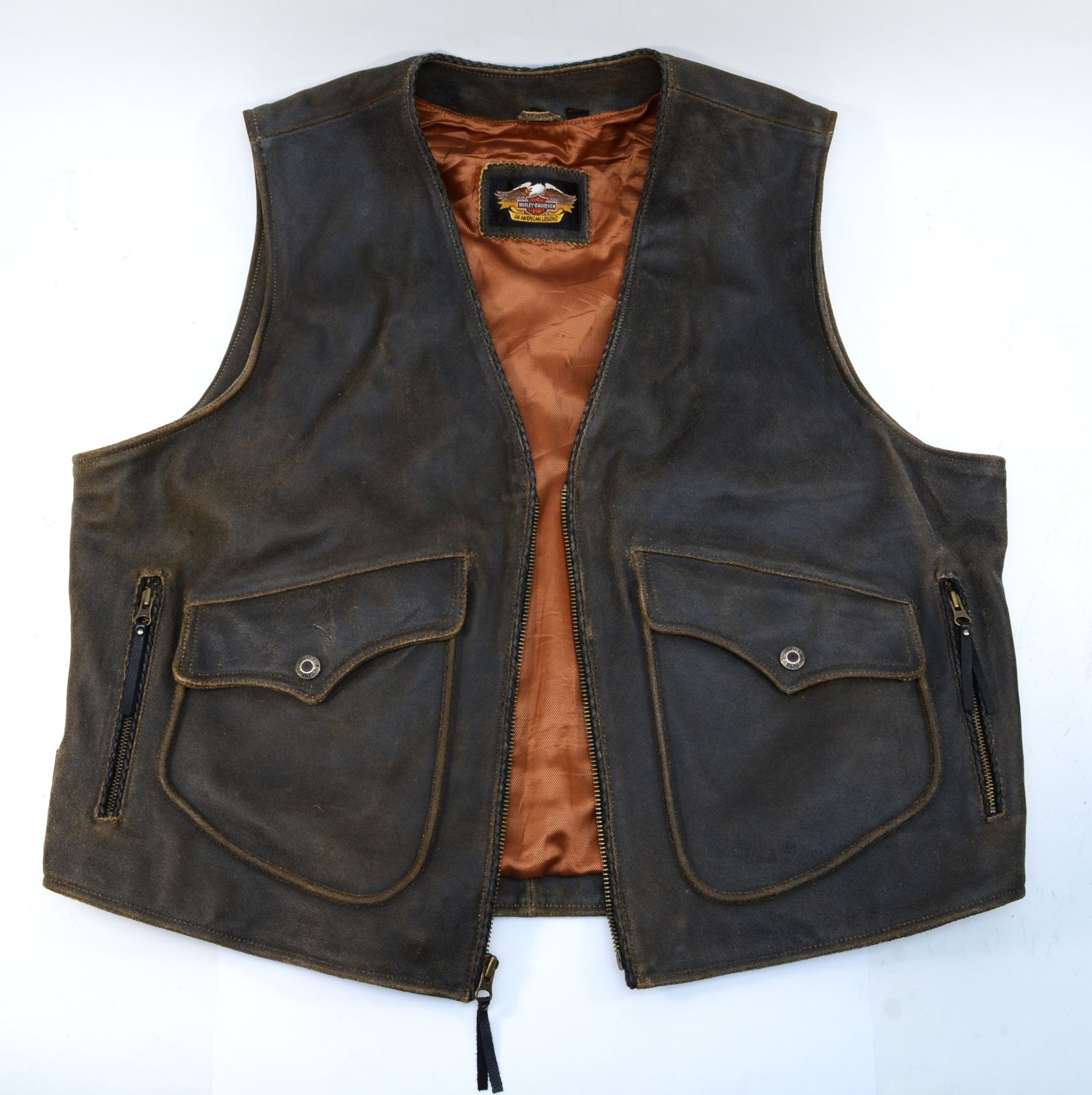 A Harley Davidson original leather waistcoat, size XXL, with embossed rear lower motif.