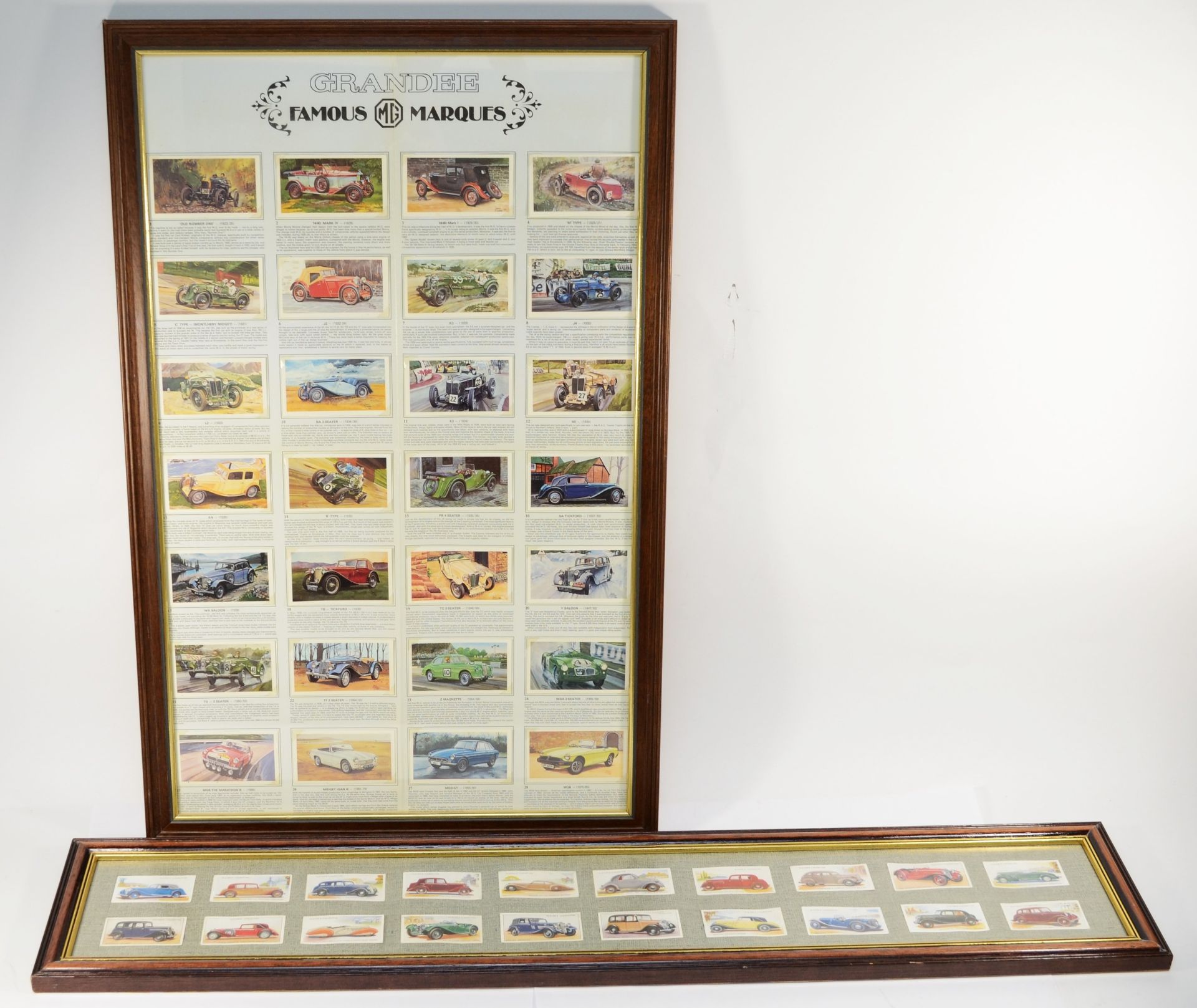 A Grandee Famous Marques MG cigar card collection, framed and a Players cigarette car collection,