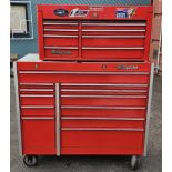 Snap-on, an eight drawer top chest box, stock number KRA4810A, mounted on a KR-1001 twelve drawer